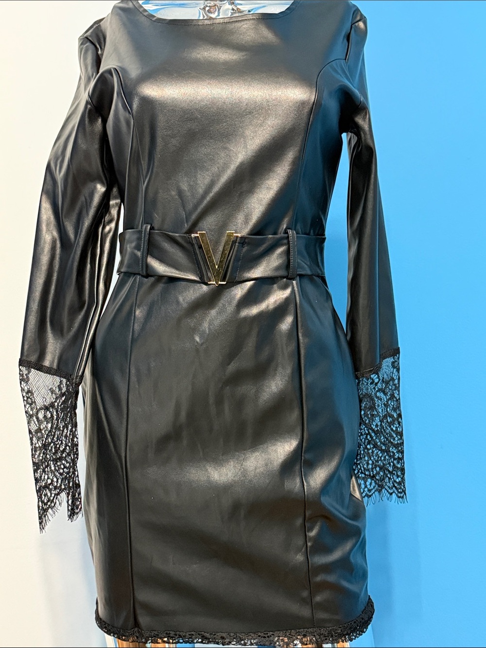 Black Faux Leather Long-Sleeve Sheath Dress with Lace Trim M